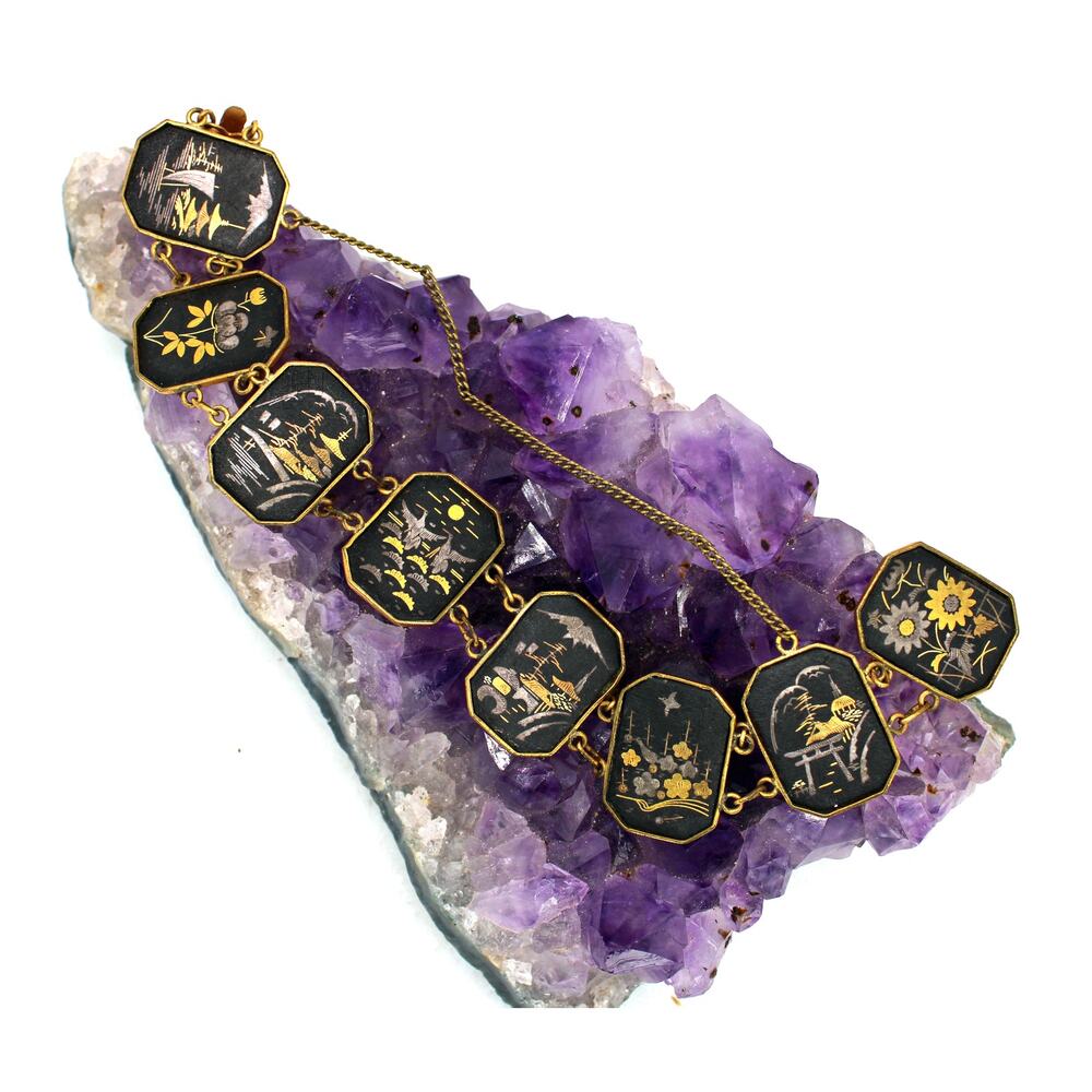 Vintage Amita Japan Damascene Bracelet - Double Sided Engraving